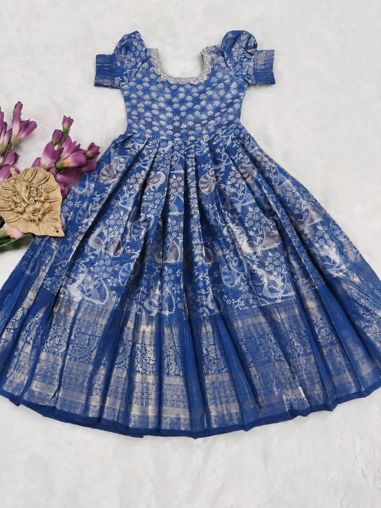 kids gown kanjivaram silk Blue Wholesale children kurtis